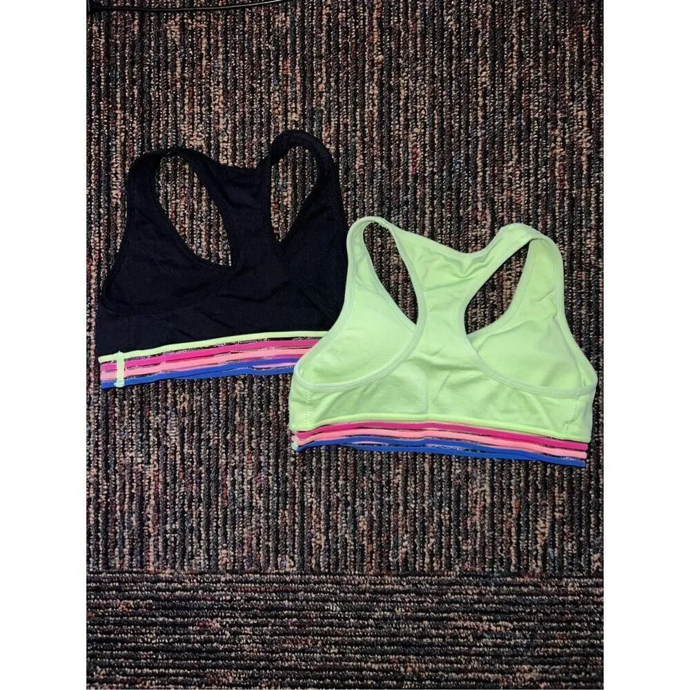 2-Pack Girls Sports Bras – Racerback, Rainbow Band – Black & Neon Green